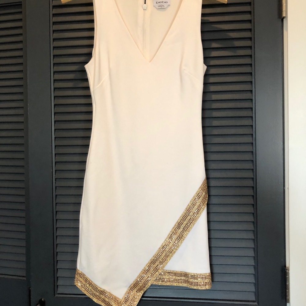 Bebe Cream and Gold Beaded Mini Dress